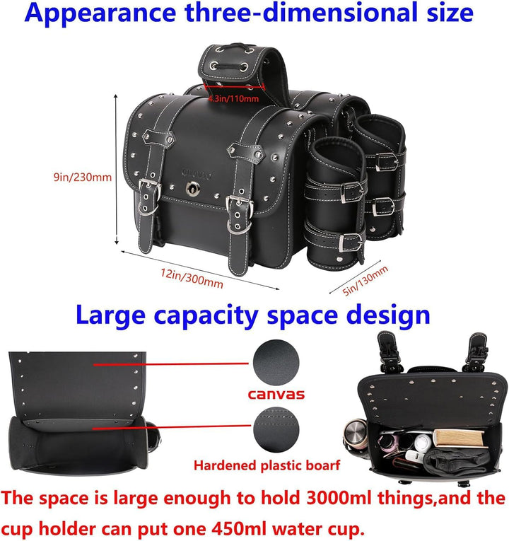 QJBOMTO Motorrad-Satteltaschen aus hochdichtem Leder,Gepäckträger-Seitentaschen mit Getränkehalter,