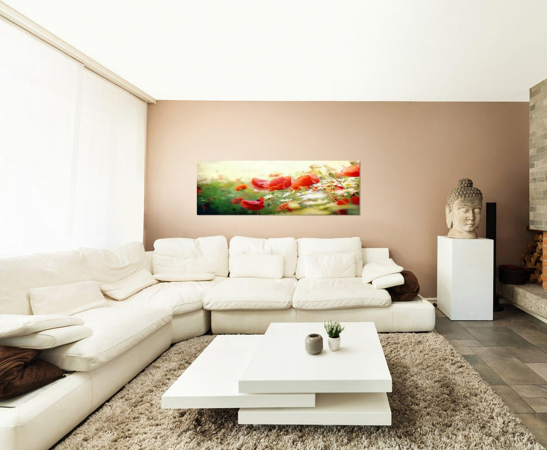 Paul Sinus Art Panoramabild auf Leinwand und Keilrahmen 120x40cm Mohnblumen Frühling Sonnenstrahlen