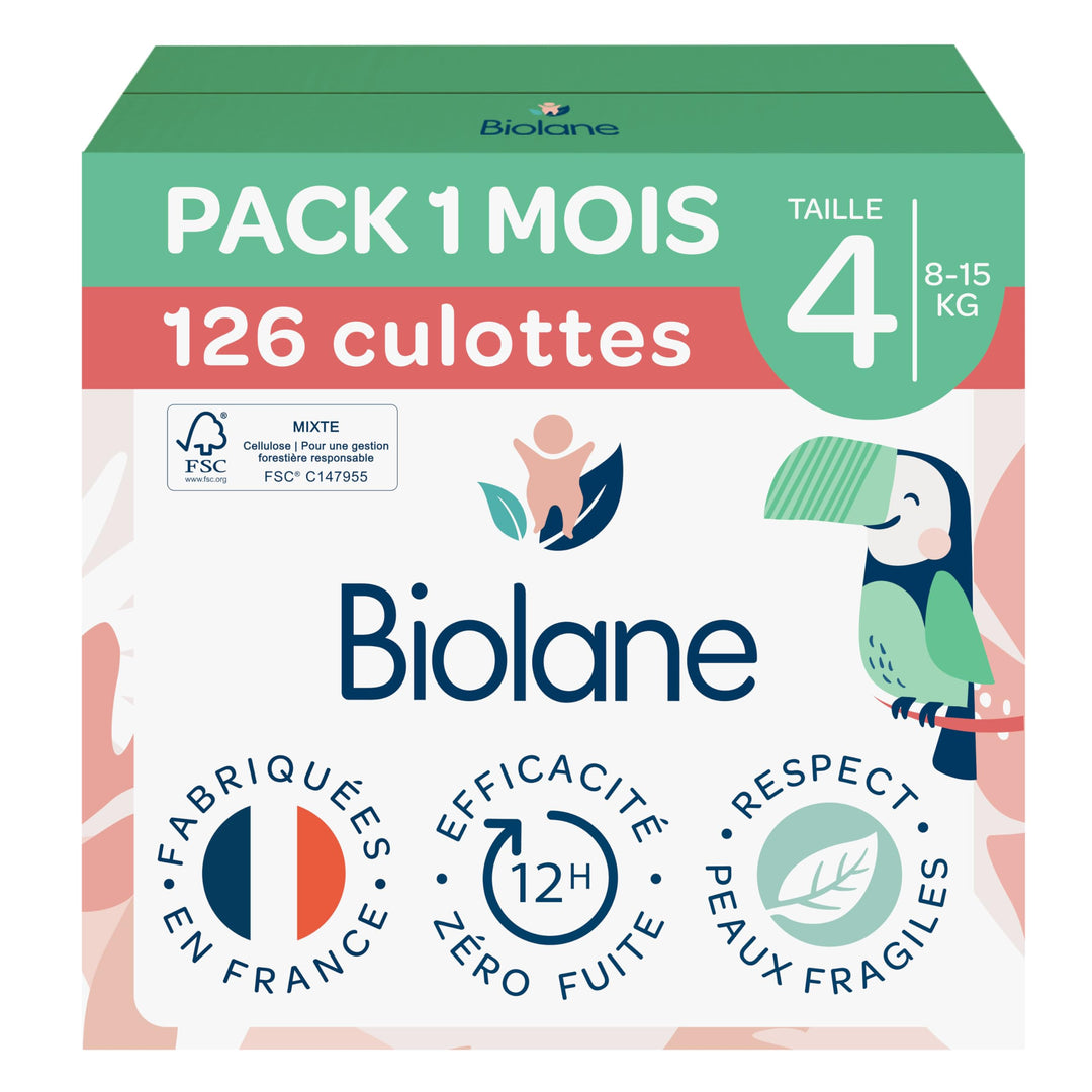 BIOLANE - Windeln Slips – Grösse 4 (8-15 kg) – kein Auslaufen für 12 Stunden – Packung 1 Monat – 126