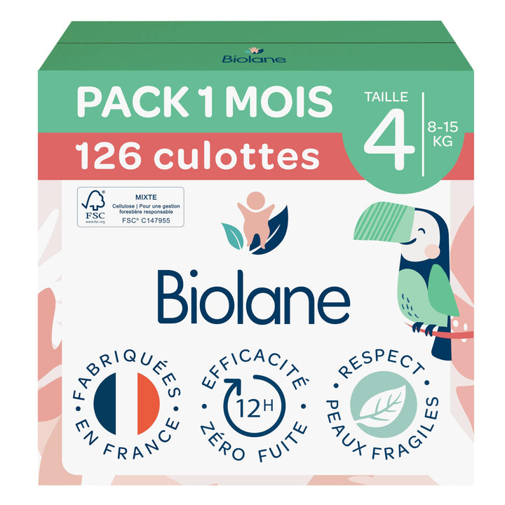 BIOLANE - Windeln Slips – Grösse 4 (8-15 kg) – kein Auslaufen für 12 Stunden – Packung 1 Monat – 126