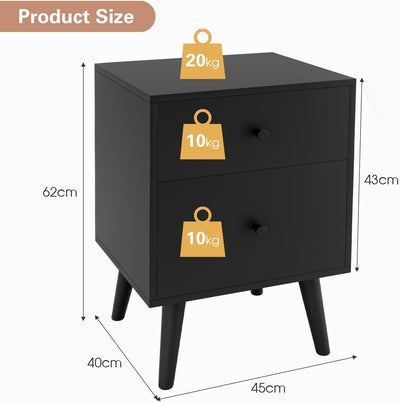 KOMFOTTEU Nachttisch mit 2 Schubladen, Beistelltisch mit Beinen aus Kautschukholz, Nachtschrank für