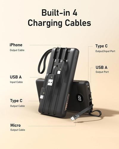 Powerbank 10000mAh Power Bank mit Kabel VEEKTOMX USB C Powerbank Externe Handyakkus mit 5 Ausgängen