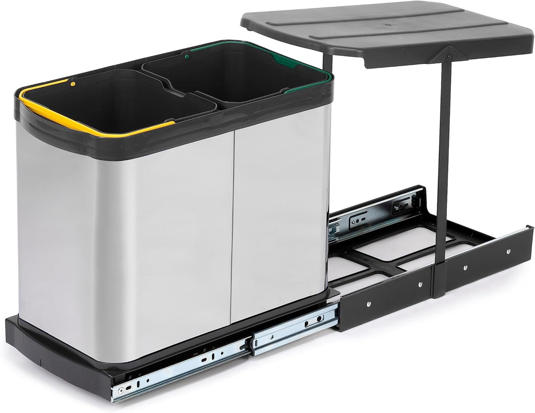 Emuca - Küchenabfallbehälter Recycle Inox, 2 x 12 L, Bodenbefestigung und Handauszug, Edelstahl Inox