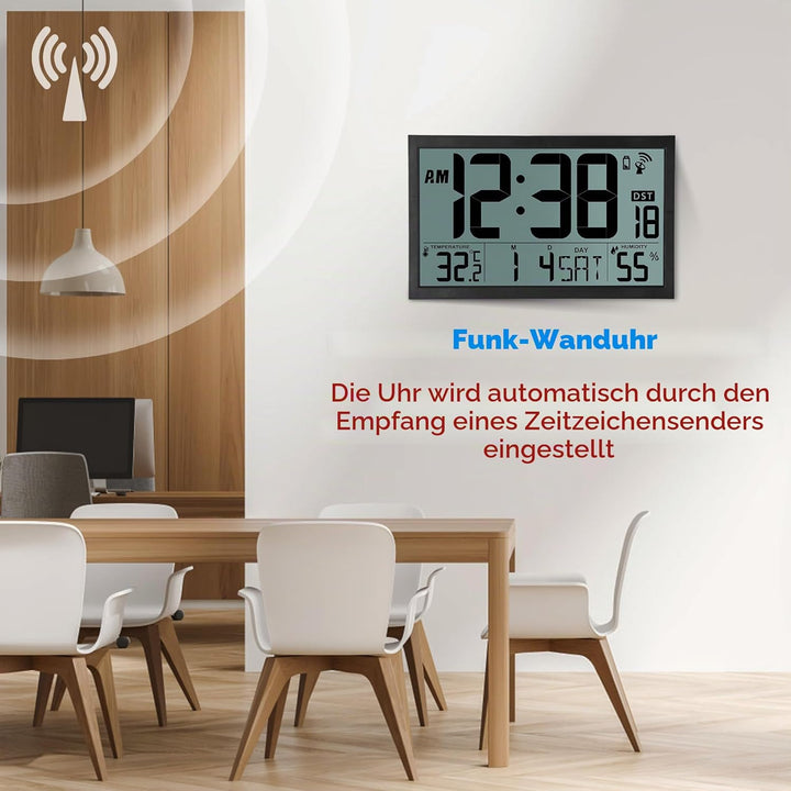 Sukeen Wanduhr Funk, Digitale Wanduhr Gross Funk, 16,7" Digitaluhr Batteriebetrieben, DCF-Funkuhr Ti