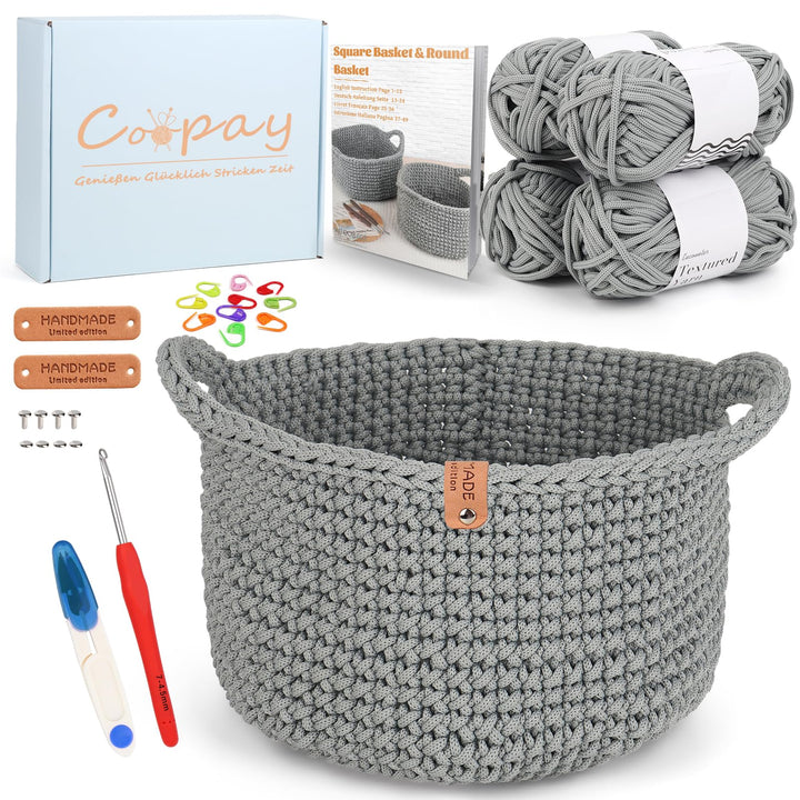 Coopay Häkelset für Anfänger, Rund Körbe Häkel Set mit Häkelanleitung, DIY Häkelset für Körbe Häkeln