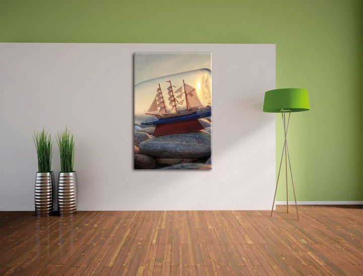 Flasche mit Schiff, Format: 100x70 auf Leinwand, XXL riesige Bilder fertig gerahmt mit Keilrahmen, K