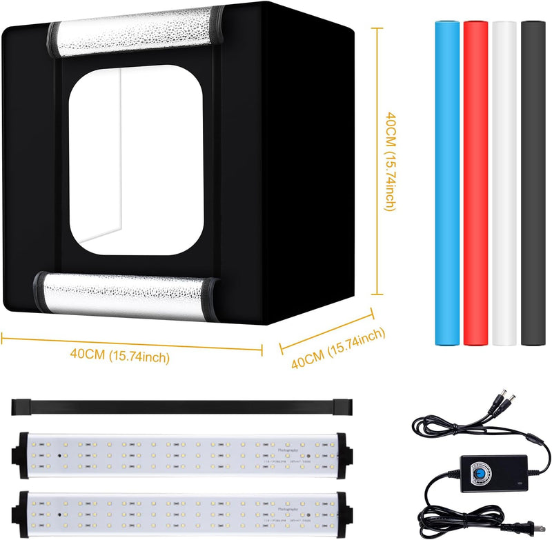 Photobox Fotostudio, 40x40x40 cm Tragbares faltbares Fotolichtbox Lichtzelt mit 2 LED Beleuchtung 48