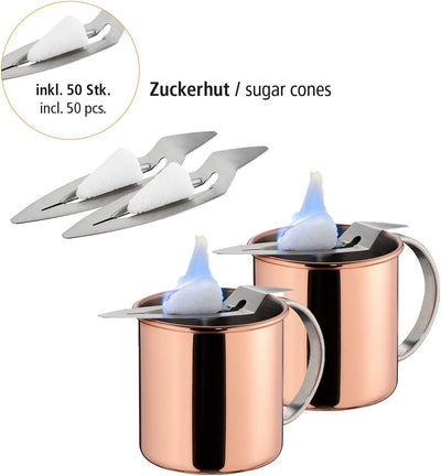 APS Mini Feuerzangenbowle Set, 2 Edelstahl Becher im Kupfer-Look, Punschgefäss, 2 Mini-Feuerzangen,