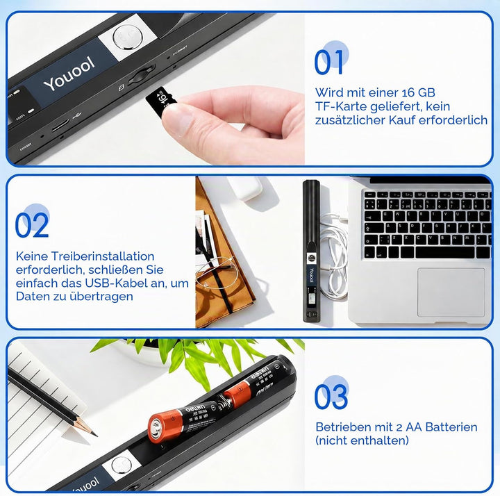 Handscanner Dokumentenscanner, A4 900 DPI Hohe Auflösung Farbfoto Portable Scanner, JPG/PDF Format U