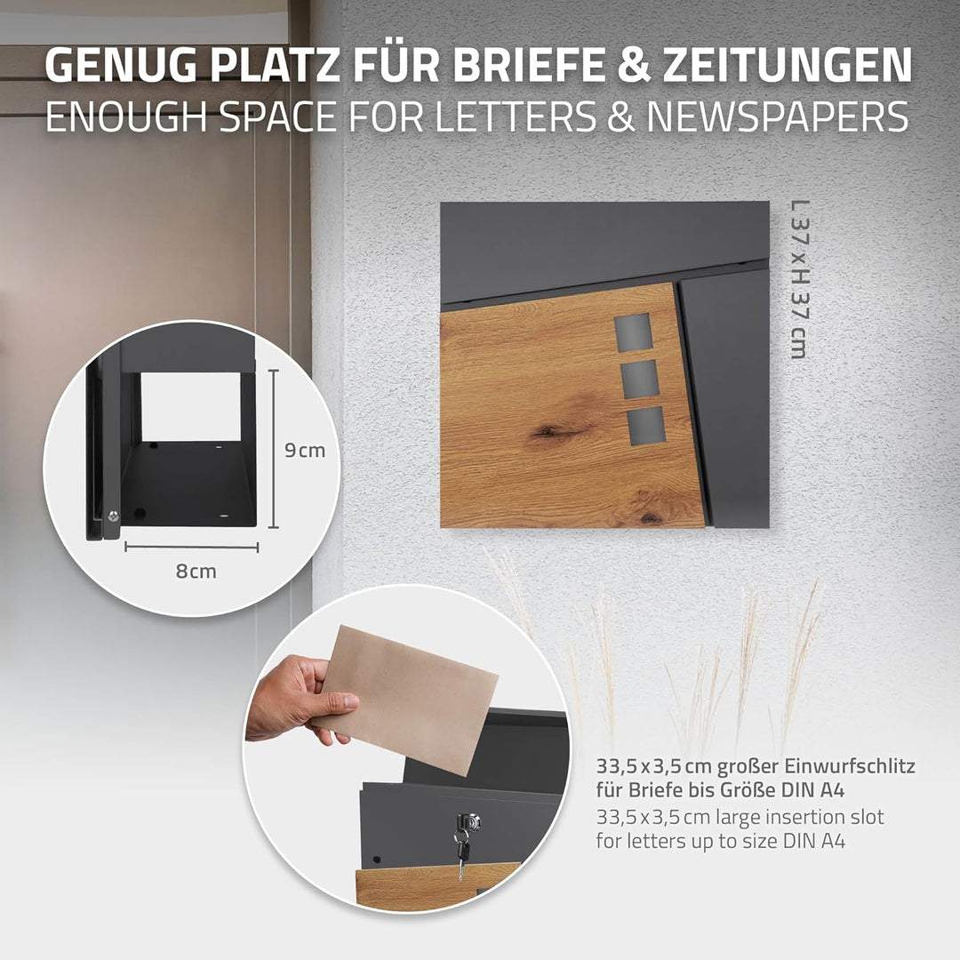 ML-Design Briefkasten 37x36,5x11 cm Anthrazit/Holzoptik aus Stahl, Postkasten mit Zeitungsfach, Absc