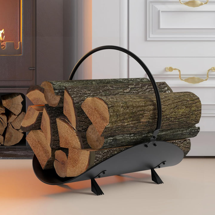 Kingson Schwarzer Holzkorb, 48 x 34 x 37 cm, moderne Kaminholzaufbewahrungslösung