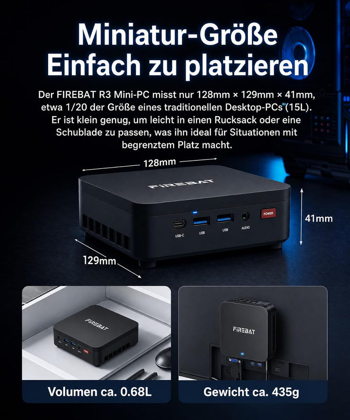Ryzen 3 4300U Mini PC Onboard 16GB LPDDR4 RAM 512GB SSD, USB3.2 Gen2 Typ-C 4K 60Hz, HDMI 2.0 DP 1.4