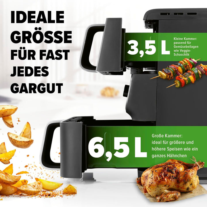 GOURMETmaxx FryUp Doppelkammer Heissluftfritteuse MultiSize - 10 L | vertikaler Airfryer mit 2 Kamme