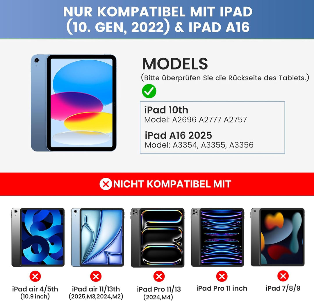 typecase Hülle mit Tastatur für iPad A16 11/10 Generation((2025/2022, 11/10.9 Zoll),7-farbige Beleuc