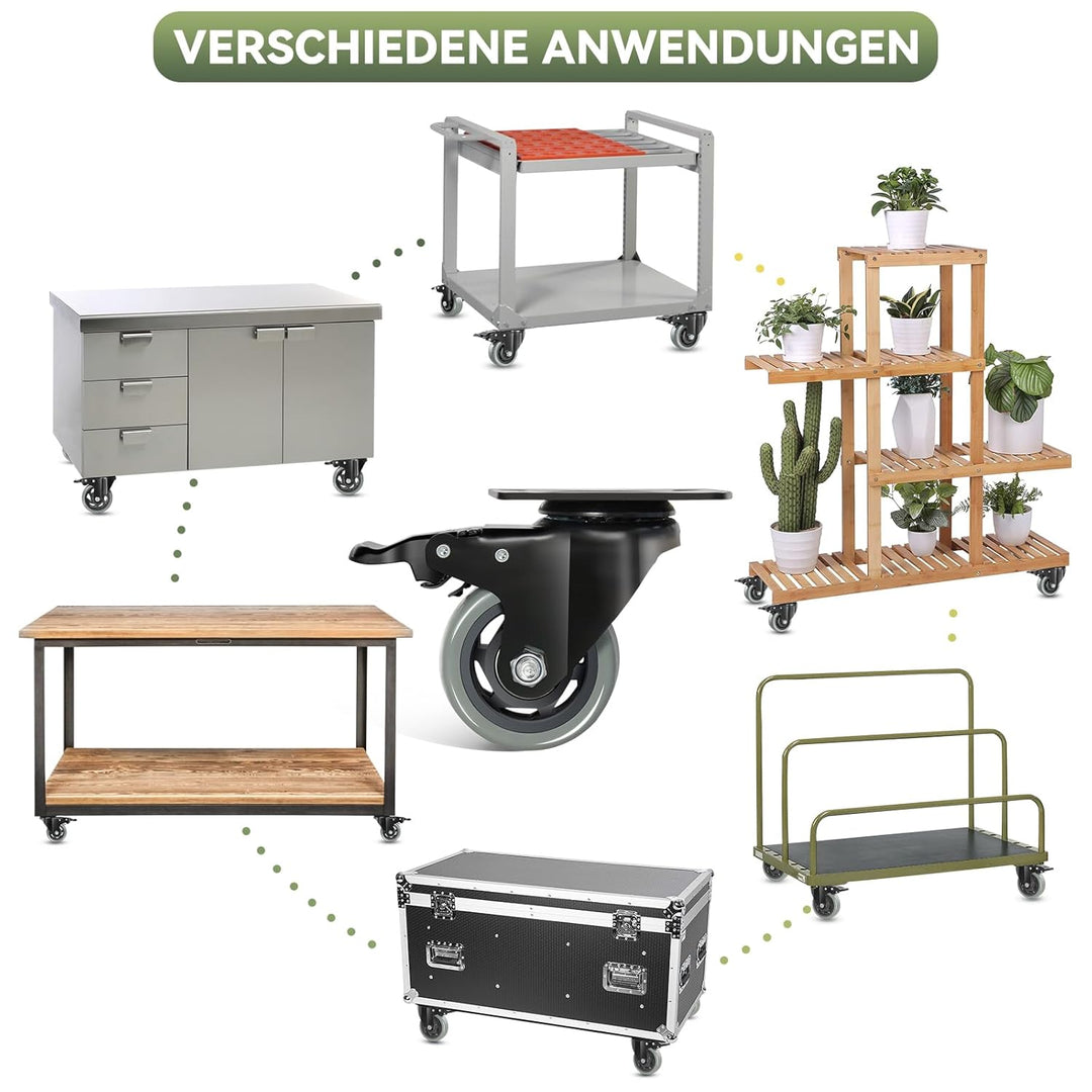 BAOLIHUI 75mm Graue Schwerlastrollen mit Bremse - Möbelrollent bis zu 500KG, 360° Beweglichkeit - 4e
