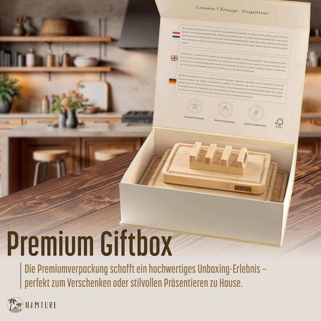 Schneidebrett Holz Set – 2,5 cm stark, mit hochwertiger Öl-Oberfläche, Saftrille, Anti-Rutsch-Füssen