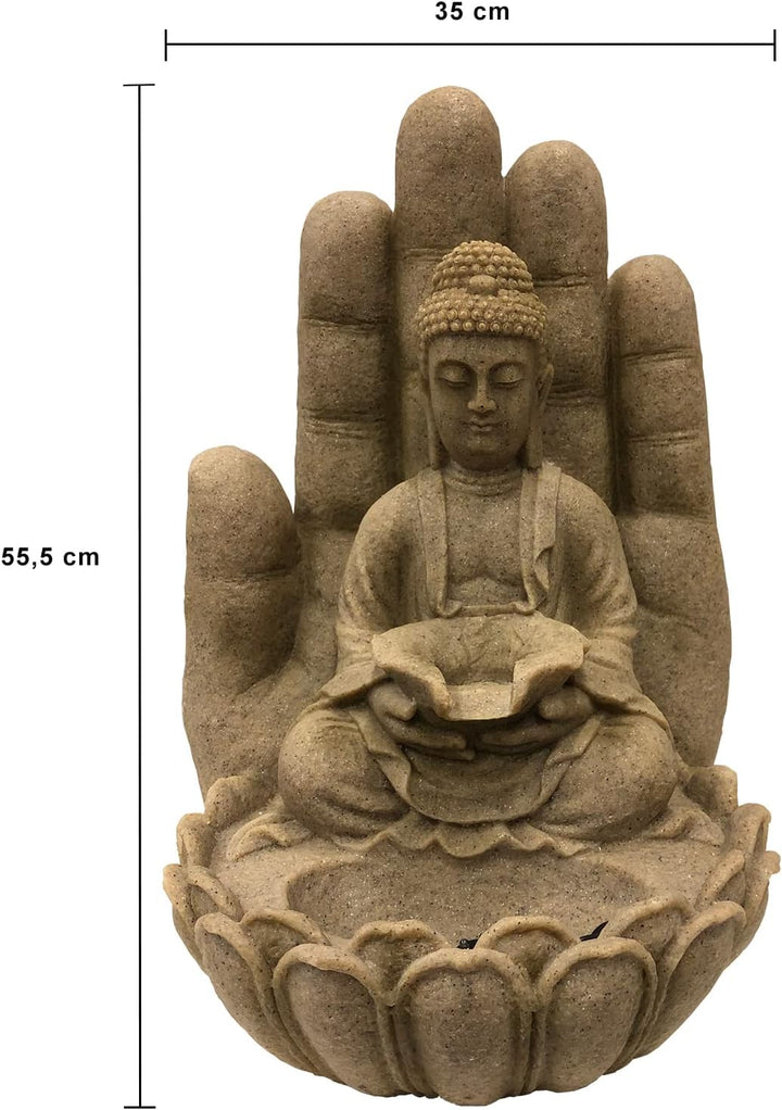 Brunnen Buddha Calm Sandstein-Optik, aus Polyresin inkl. Pumpe und LED | Deko-Wasserbrunnen für Gart