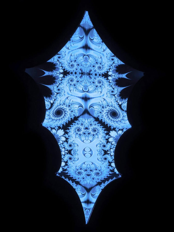 PSYWORK Schwarzlicht Segel Spandex | Drache Fractal White Black I | 3,75 x 1,85m | UV-aktiv | Leucht