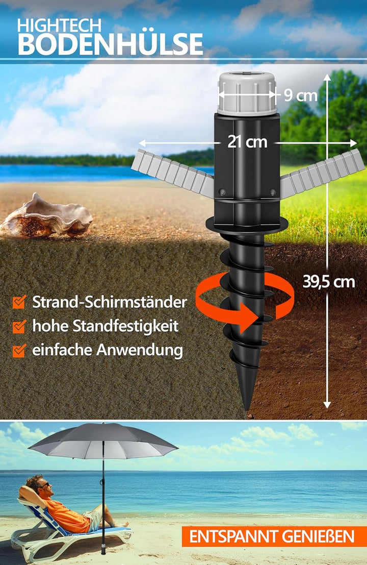 4smile Sunnyjoy Sonnenschirm Strand 3-IN-1 Set - Strandschirm windfest stabil, UPF 50+ Sonnenschirm