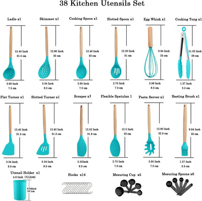 Berglander Silikon Küchenutensilien Set 38-teilig, Küchenutensilien mit Holzgriff, Haken und Utensil