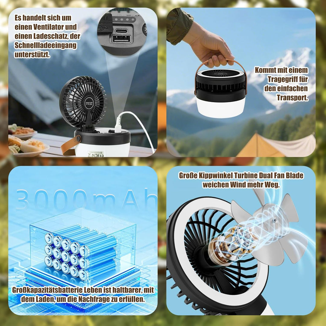 Solar Camping Ventilator, USB Rechargeable Fan, Tischventilator akku Ventilator Camping Campinglampe