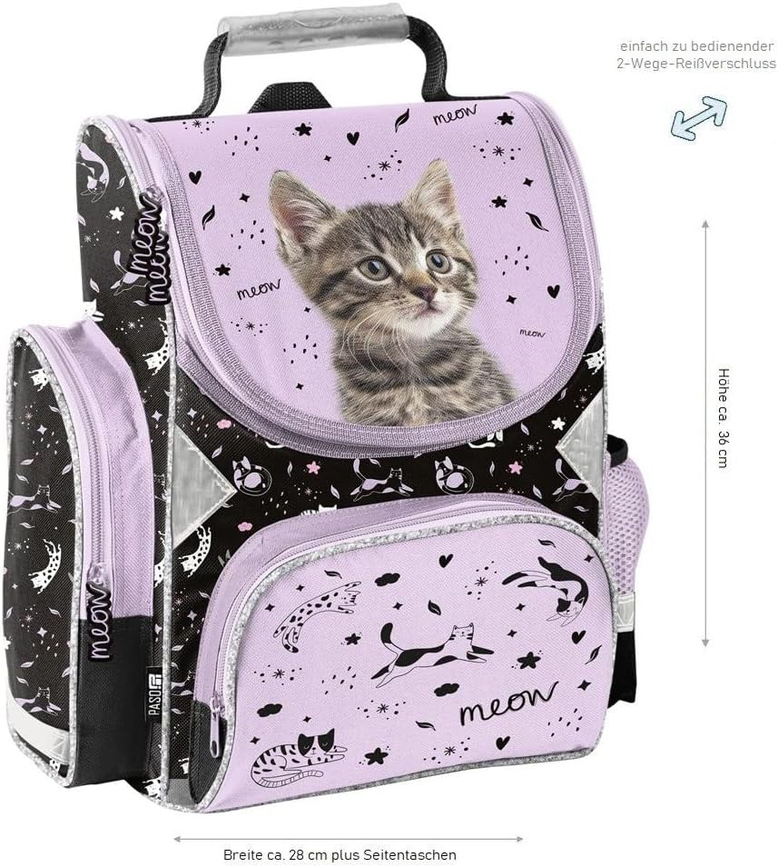Familando - Schulranzen Set - 8-teilig mit Federmappe - Sweet Kitty Katze - Ergonomisch, stabil & mi