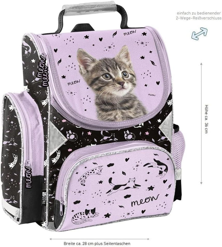 Familando - Schulranzen Set - 8-teilig mit Federmappe - Sweet Kitty Katze - Ergonomisch, stabil & mi