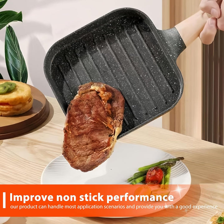 SPORWAY Grillpfanne 18×18 cm, Steakpfanne Induktion aus Aluminiumguss, Rectangle Bratpfanne mit Abne
