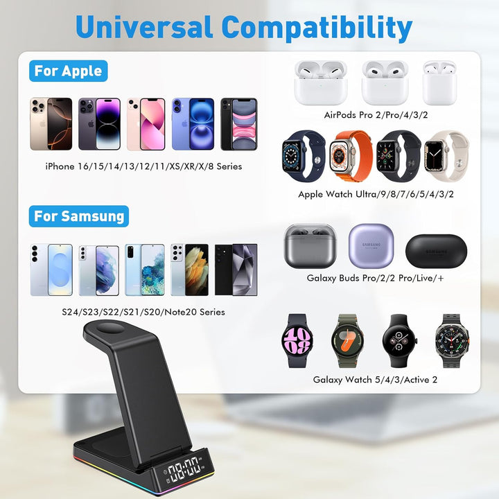 5 in 1 Ladestation Apple Watch und iPhone, Wireless Charger Induktive Ladestation iPhone mit Uhr LED