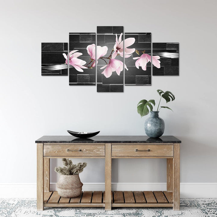 Runa Art Wandbilder Blumen Magnolien 5 Teilig Bild auf Vlies Leinwand Deko Wohnzimmer Ziegel Schwarz