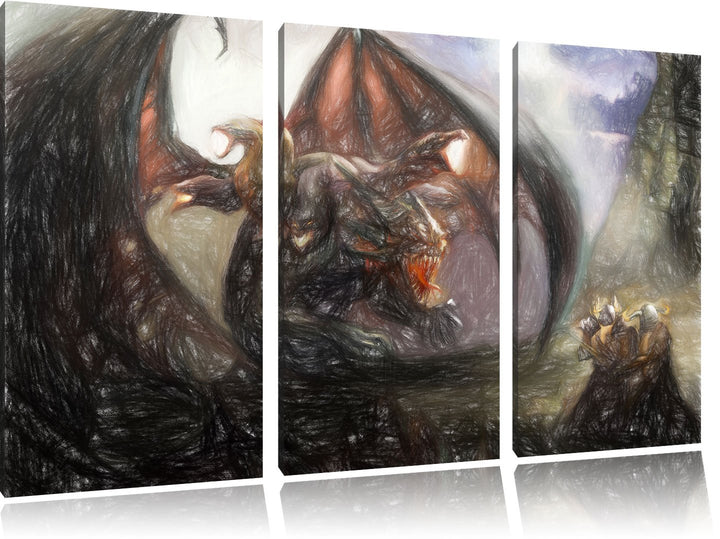 Pixxprint Drachen Schlangen als Leinwandbild/Grösse: 3 Teilig (120x80 cm) cm/Wandbild/Kunstdruck/fer