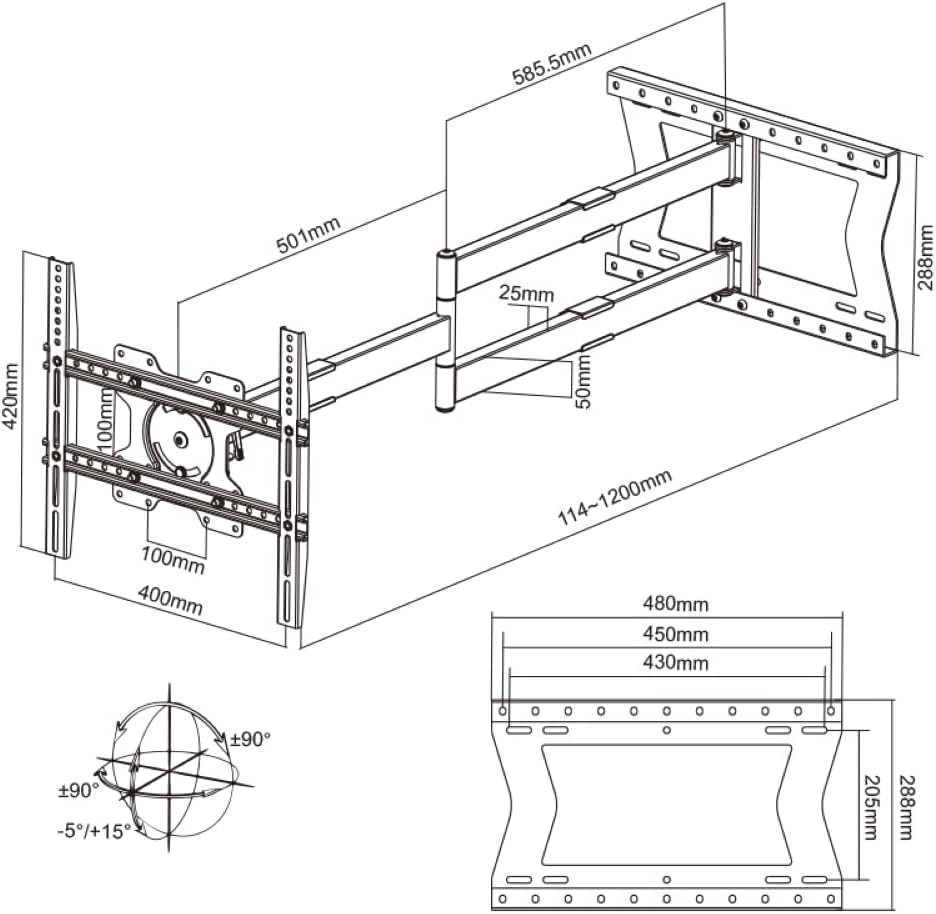 TiTon 120 cm, TV Wandhalterung, drehen, rotieren, 40kg, VESA max.400x400mm weiss 120 cm / 40 kg / VE