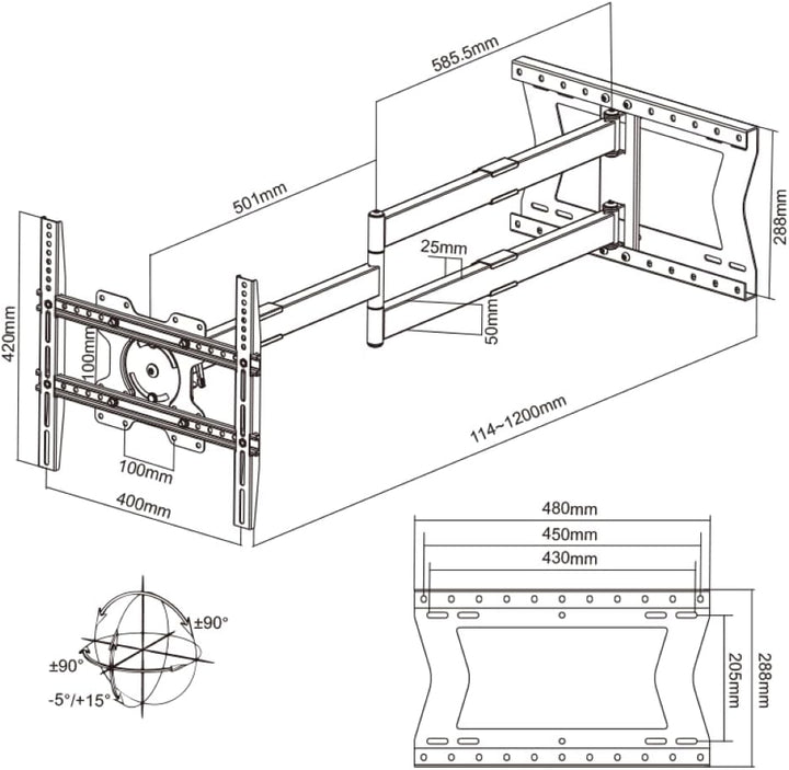 TiTon 120 cm, TV Wandhalterung, drehen, rotieren, 40kg, VESA max.400x400mm weiss 120 cm / 40 kg / VE