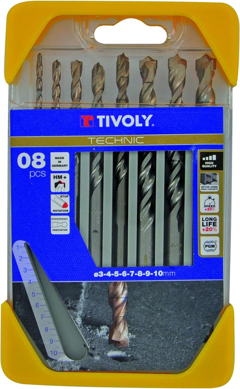 Tivoly 10960570001 Technic Betonbohrer Set 8pcs Ø3, 4, 5, 6, 7, 8, 9, 10 mm, Mehrfarbig