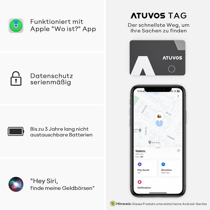 ATUVOS Wallet Tracker Karte Thin 1.6mm, Smart Air Tag Card Kompatibel mit Apple Wo ist? APP (iOS NUR
