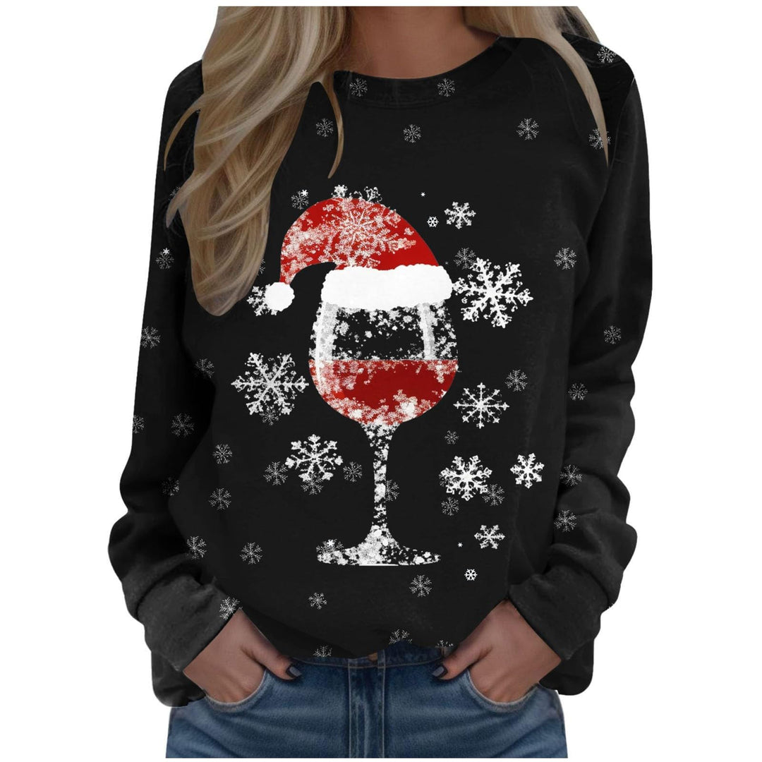 Weihnachtspullover Damen Weinglas Schneeflocken Druck Langarmshirt Farbverlauf Weihnachtspulli Chris