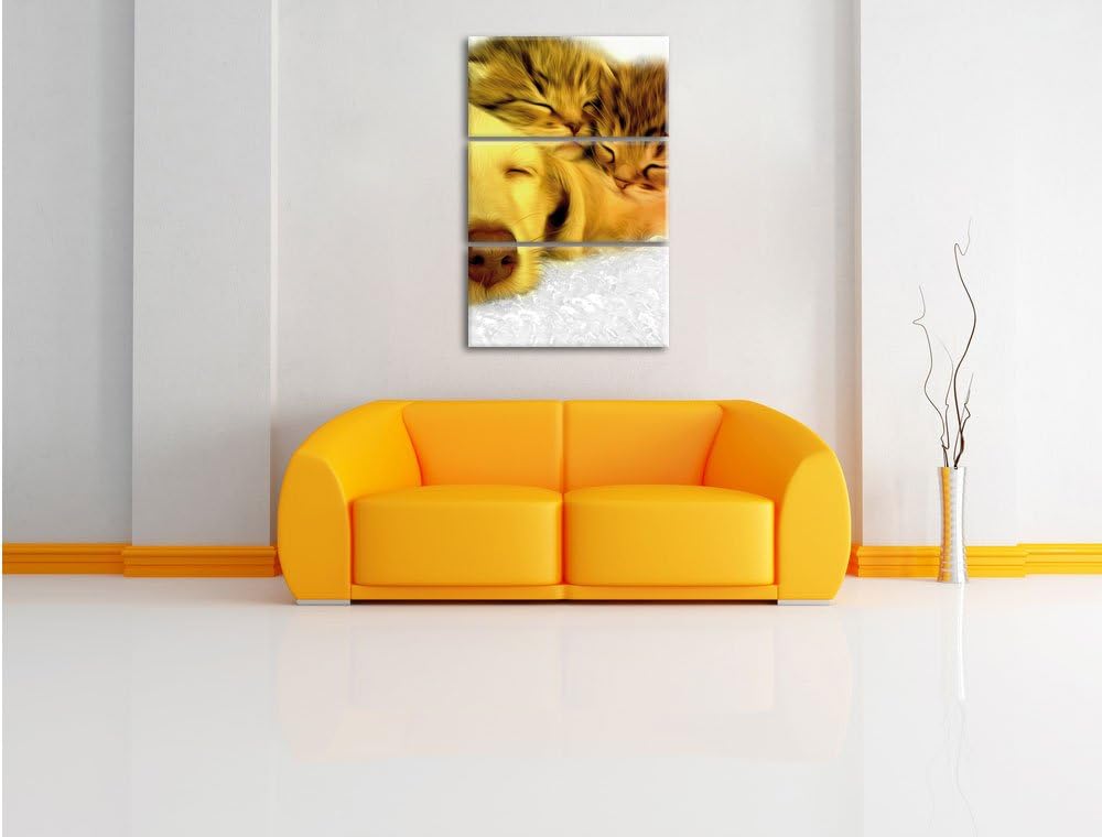 Pixxprint Welpe kuschelt mit süssen Kätzchen als Leinwandbild/Grösse: 3 Teilig (120x80) cm/Wandbild/