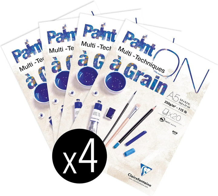 Clairefontaine 975048C - Packung mit 4 Blöcken Paint´ON à grain/gekörnt, DIN A5, kopfseitig geleimt,