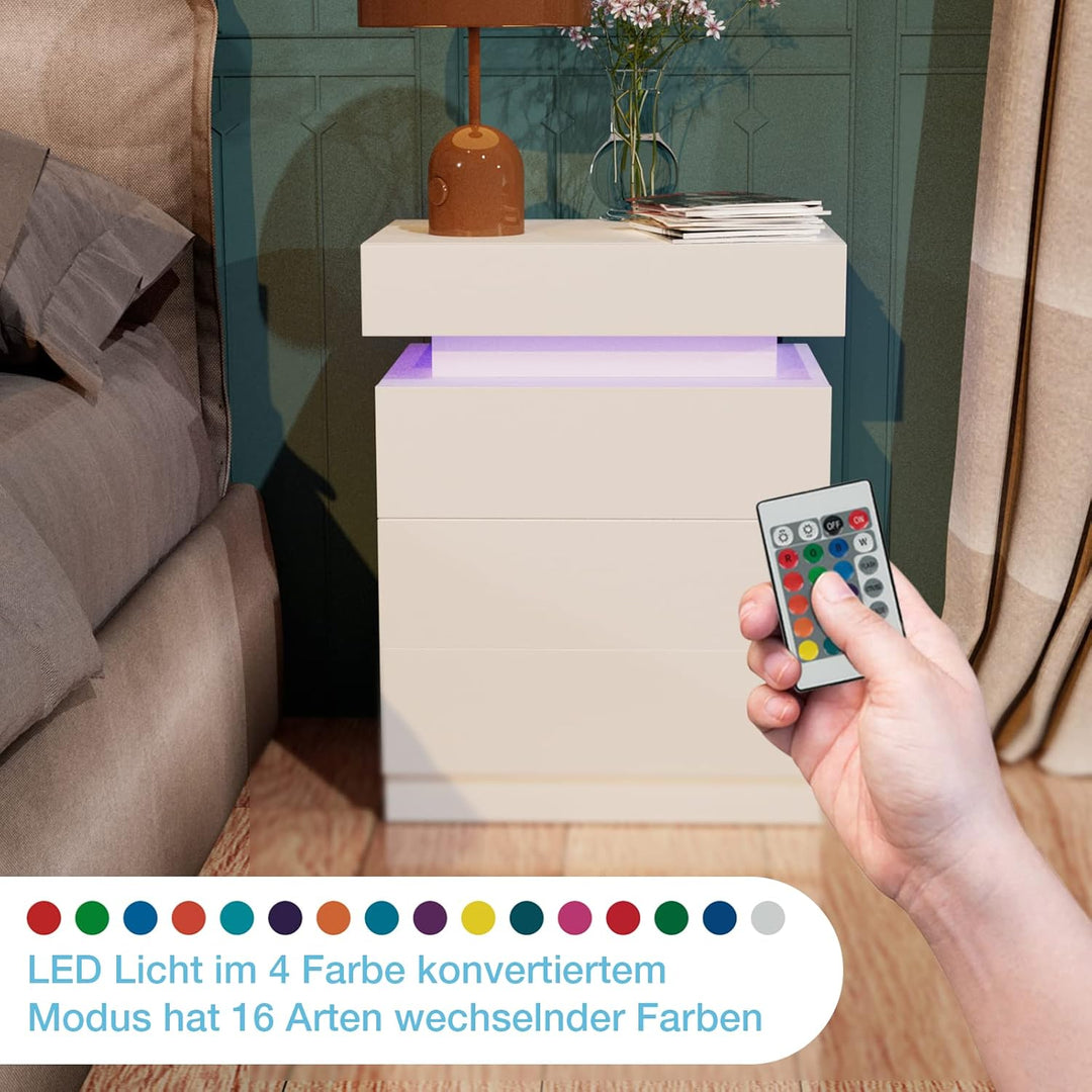 PIPIPOXER 2er Set Nachttisch mit LED Beleuchtung, Beistelltisch in weiss mit grossen Stauraum,Nachtt