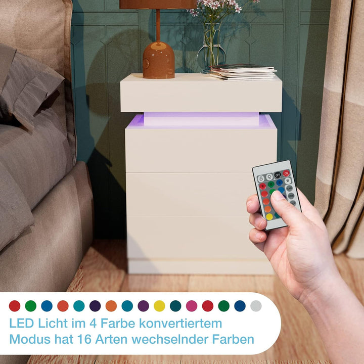 PIPIPOXER 2er Set Nachttisch mit LED Beleuchtung, Beistelltisch in weiss mit grossen Stauraum,Nachtt