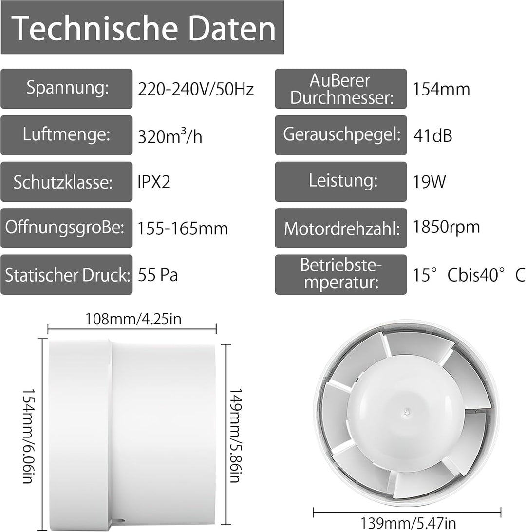 Kanal Rohrventilator 150mm Inline Abluftventilator 150mm, 305m³/h, Hohe Qualität, Leise, Rauchabzug