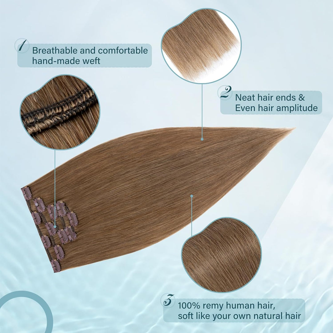 Elailite Echthaar Extensions Clip in #6 Hellbraun, 5 Tressen Remy Haarverlängerung mit 12 Clips, 35c