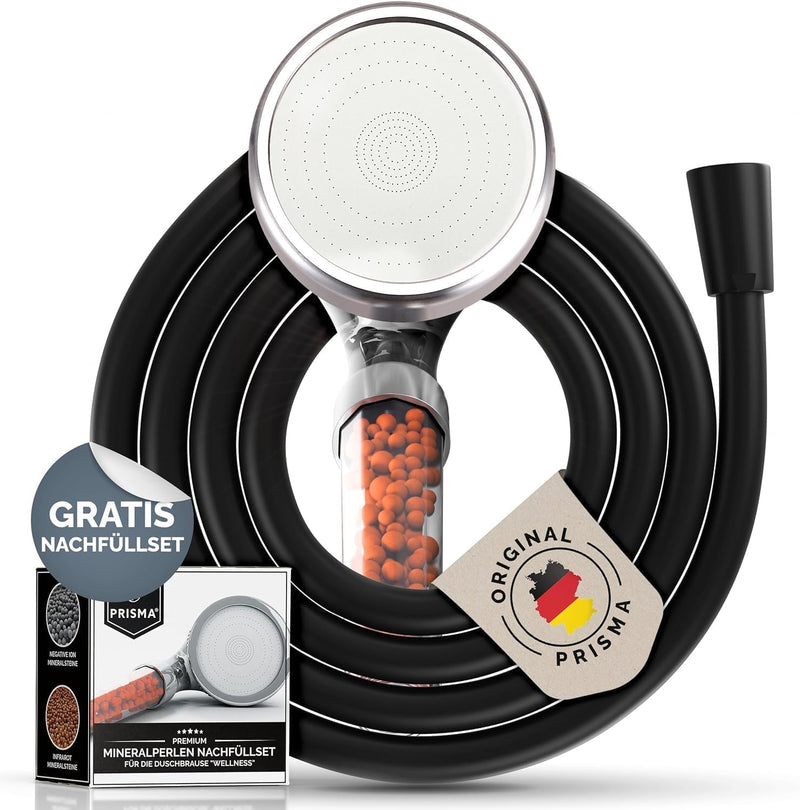 Prisma Handbrause mit Schlauch 160cm Schwarz Matt Made in Germany - Wassersparender Duschkopf mit Sc