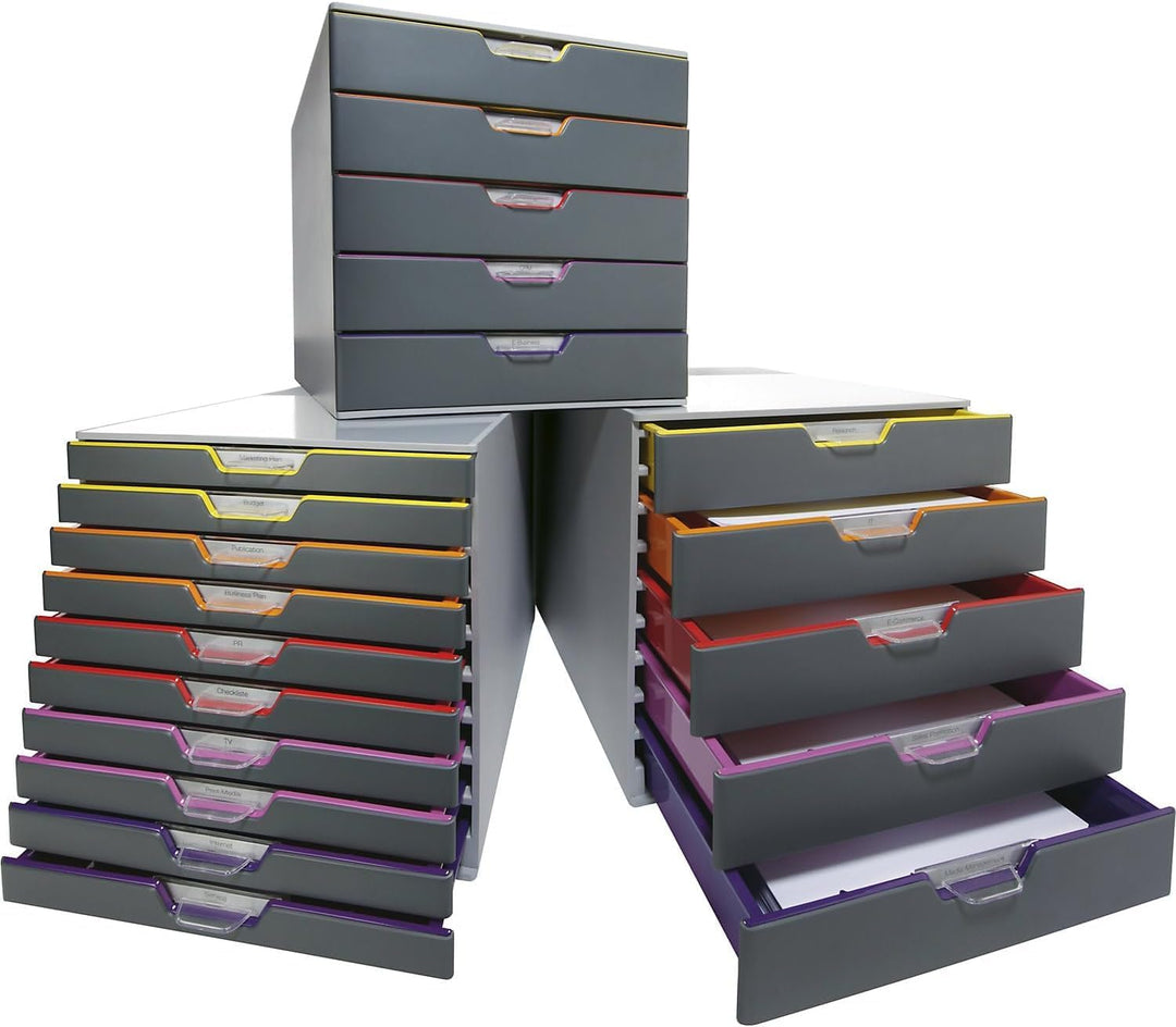 Durable Schubladenbox A4 (Varicolor) 10 Fächer, mit Etiketten zur Beschriftung, mehrfarbig, 761027,
