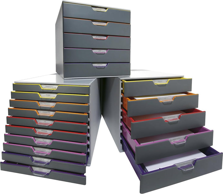 Durable Schubladenbox A4 (Varicolor) 10 Fächer, mit Etiketten zur Beschriftung, mehrfarbig, 761027,