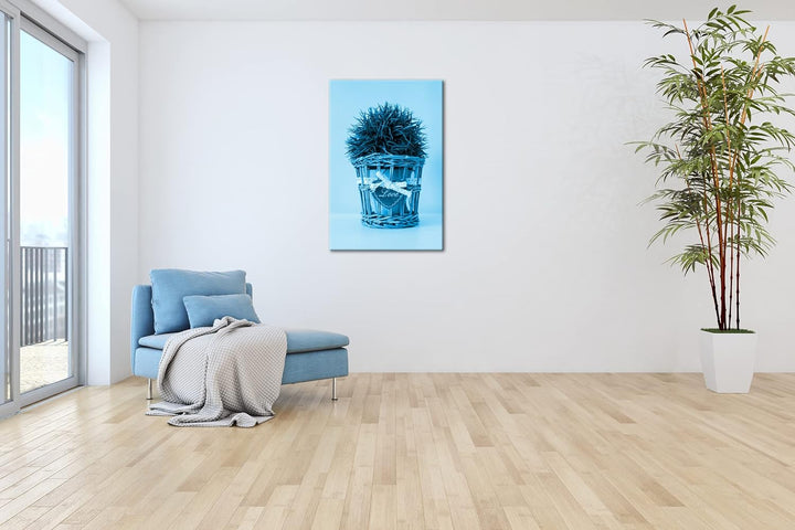 deyoli Schilf im Blumentopf Format 80x60 Effekt: Monocrome Blau als Leinwandbild, Motiv fertig gerah