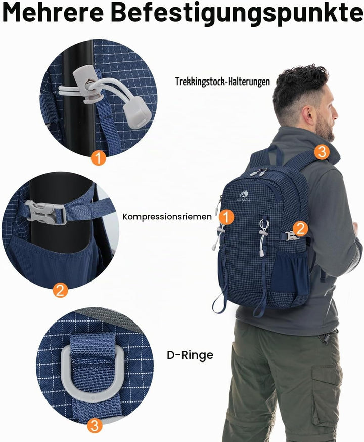 20L Klein Wanderrucksack Damen Herren, Leicht Tagesrucksack mit Rückenbelüftung 3D Air Mesh, Daypack