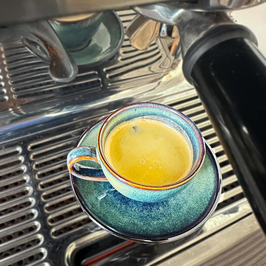 Espressotassen Set mit Untertassen 100ml, 4er Set bunt, handgefertigte Steingut Kaffeetassen, spülma