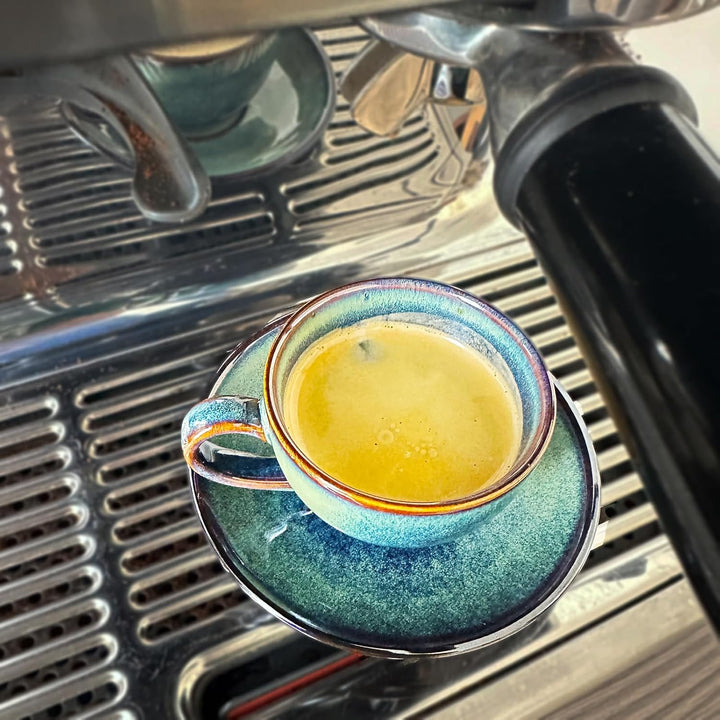Espressotassen Set mit Untertassen 100ml, 4er Set bunt, handgefertigte Steingut Kaffeetassen, spülma