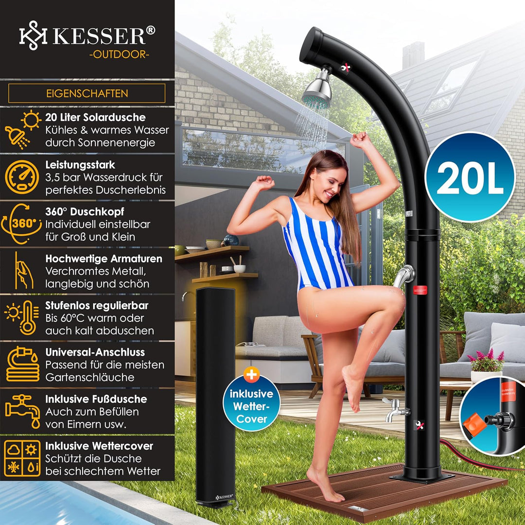 KESSER® Solar Gartendusche Solardusche Bogen Inkl. Schutzhaube warmes Wasser | 20 Liter | max. 60°C